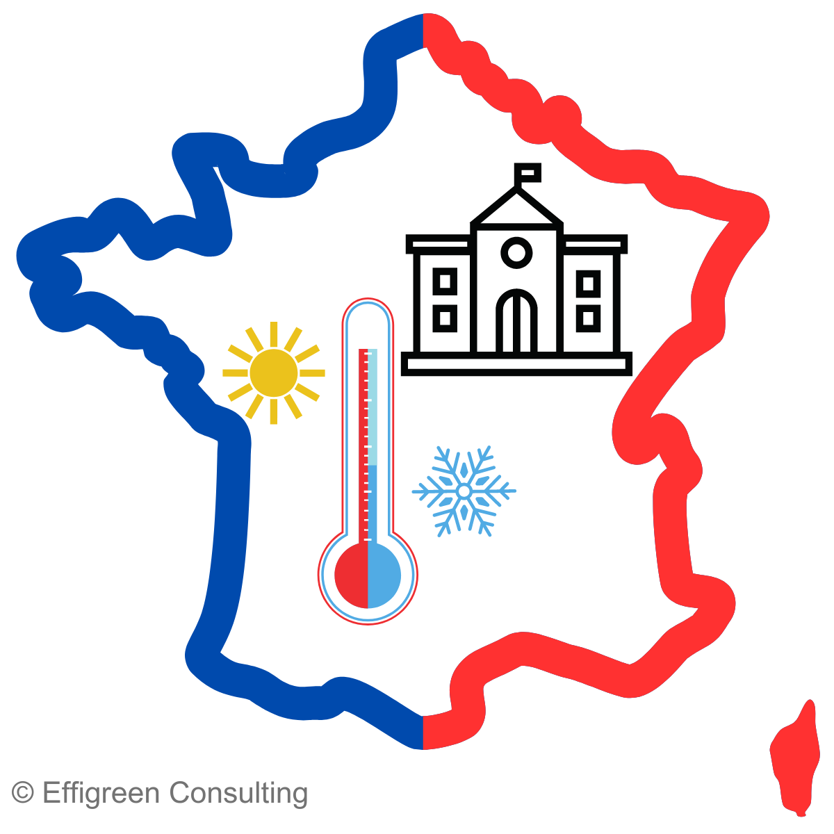 Elément graphique représentant la France avec, à l'intérieur, un thermomètre et un bâtiment public, illustrant les efforts de rénovation énergétique.